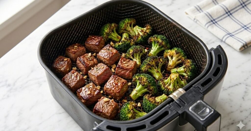 The air fryer basket filled with golden-brown steak bites and charred broccoli.]
