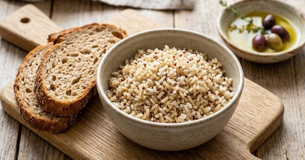 bowl of brown rice, quinoa, and whole-grain sourdough bread