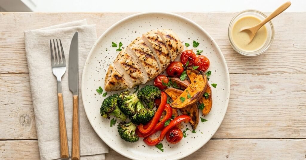 healthy grilled chicken and vegetable plate