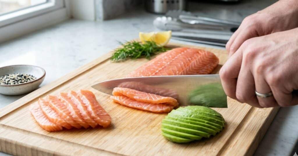 pink salmon and green avocado