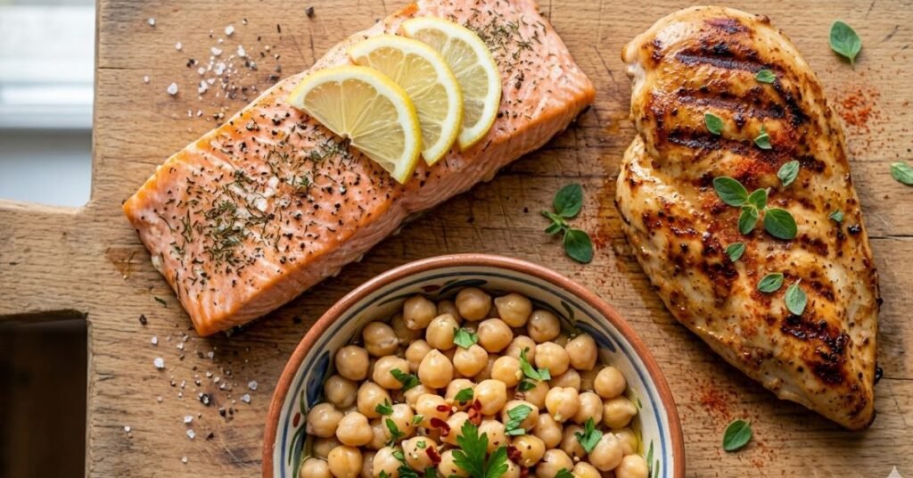 seasoned salmon fillet and a grilled chicken breast 